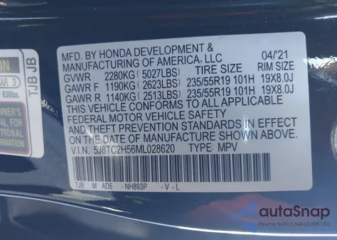 2021 Acura Rdx Technology Package from USA, damaged, VIN 5J8TC2H56ML028620